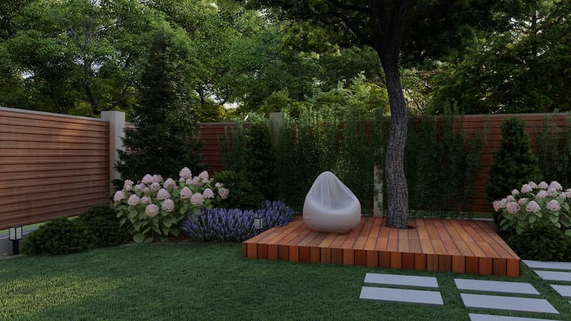 Beautiful landscaped garden with mixed planting and seating area